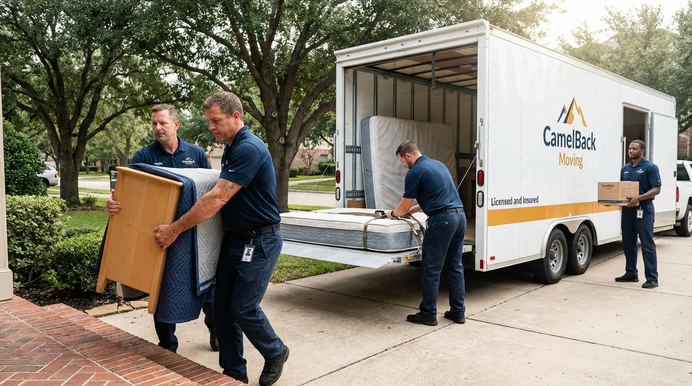 Crew loading residential truck for cross-state move from Three Rivers, TX