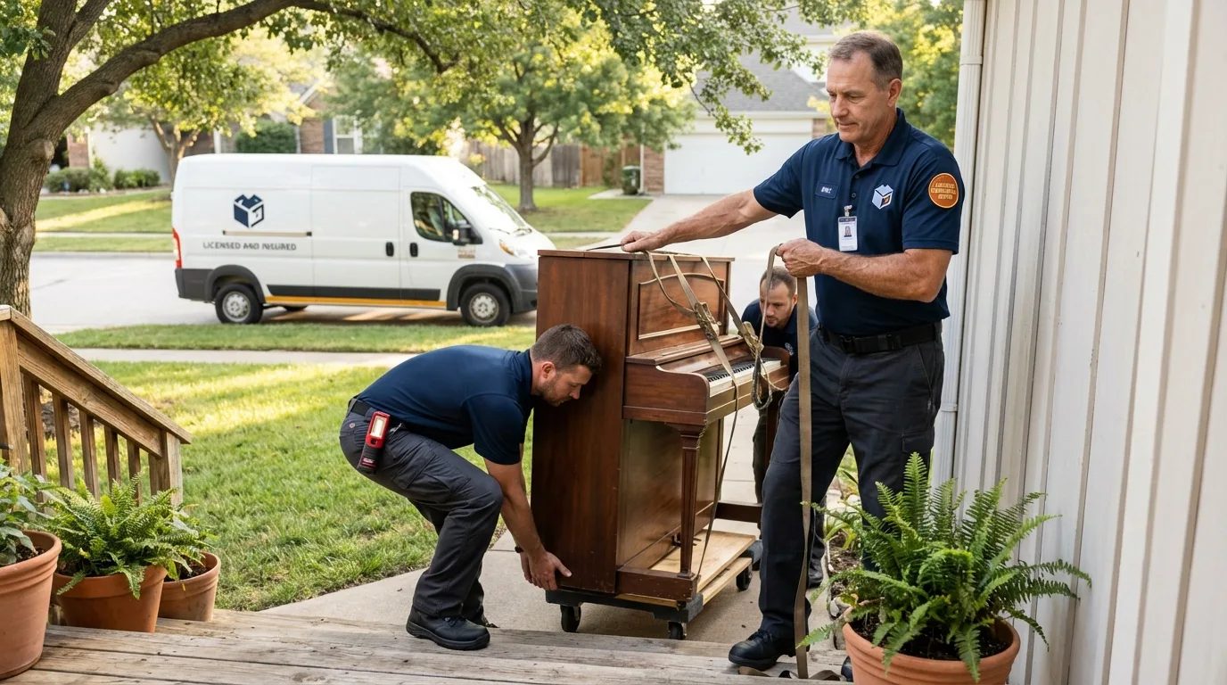 Licensed piano movers securing grand piano in Three Rivers, TX
