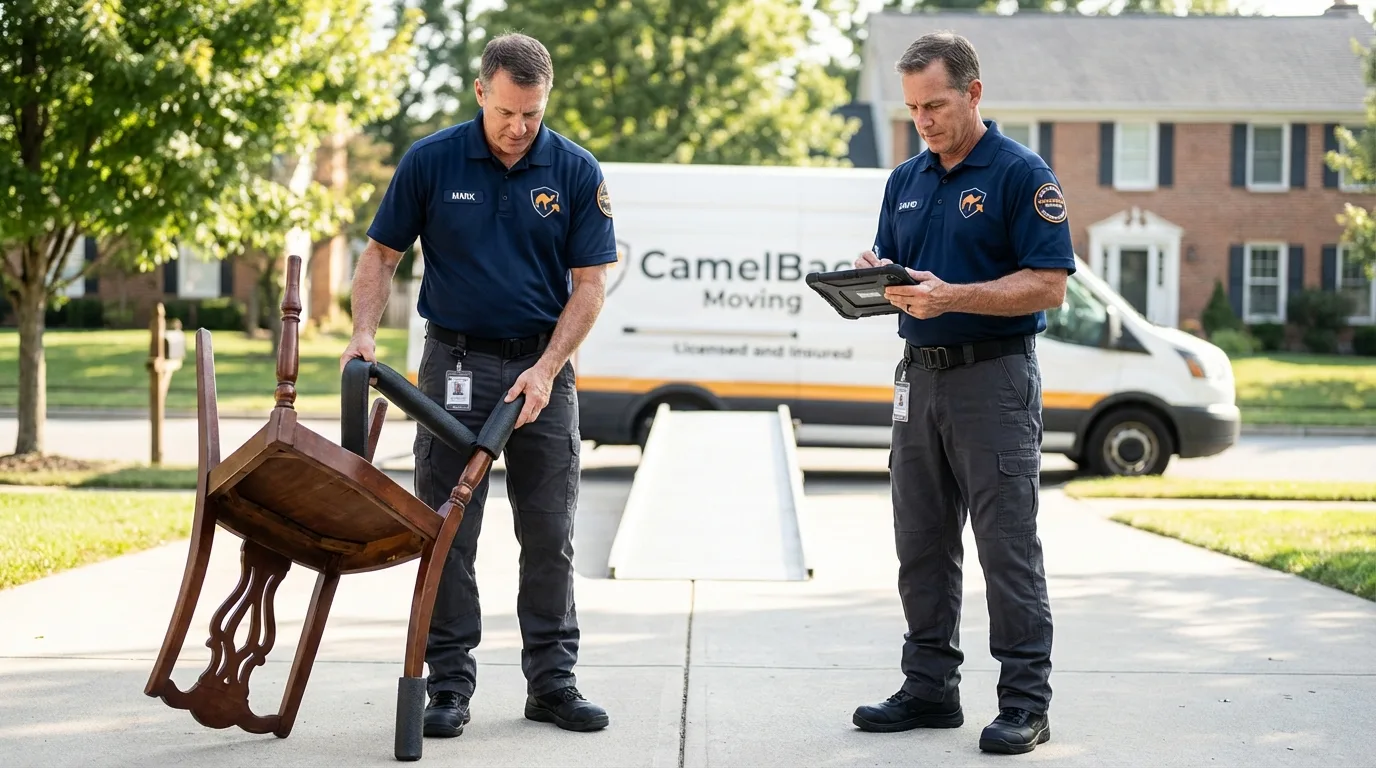 Movers inspecting furniture for damage prevention before loading in Three Rivers, TX