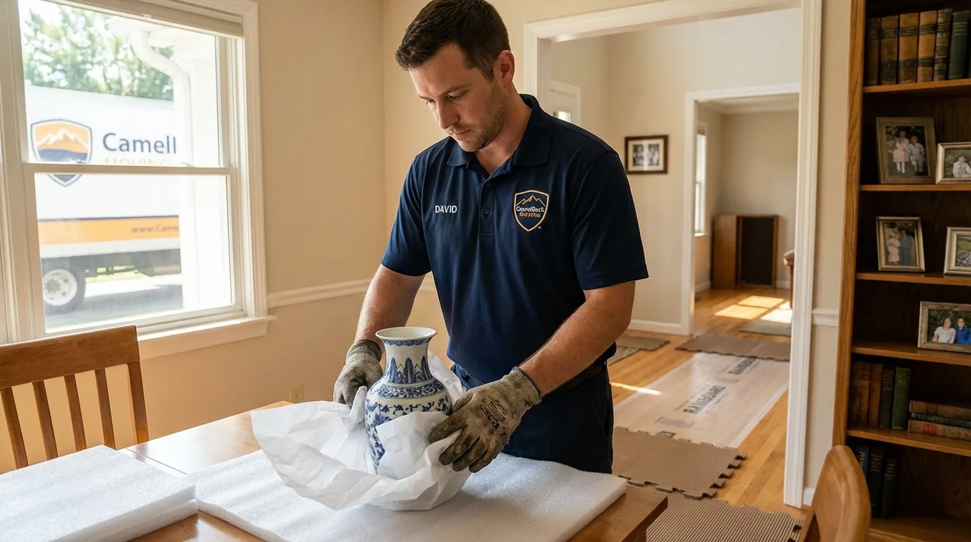 Professional crew carefully wrapping antique vase for senior downsizing move in Three Rivers, TX
